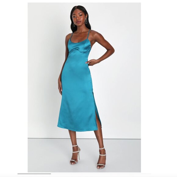 Lulus Luxe Date Teal Blue Satin Seamed Backless Midi Dress - Picture 1 of 3